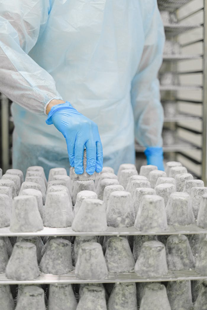 journey-02 A worker in protective gear inspects matured cheese in an industrial setting, ensuring hygiene and safety standards.